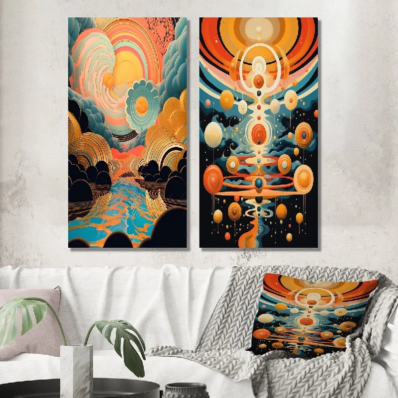 Designart "Futuristic Clouds In Retro Blue And pink" Abstract Wall Art Set of 2 Modern Print Art For Living Room Decor