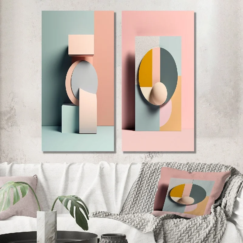 Designart "Geometric Dreaming Retro Minimalism In Pink VII" Modern Wall Art Set of 2 - Modern For Living Room Decor