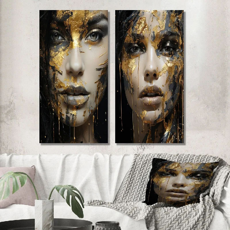 Designart "Glam Sensuality Woman Portrait Black Gold II" Fashion Woman Wall Art Set of 2 - Glam Wall Art For Bedroom