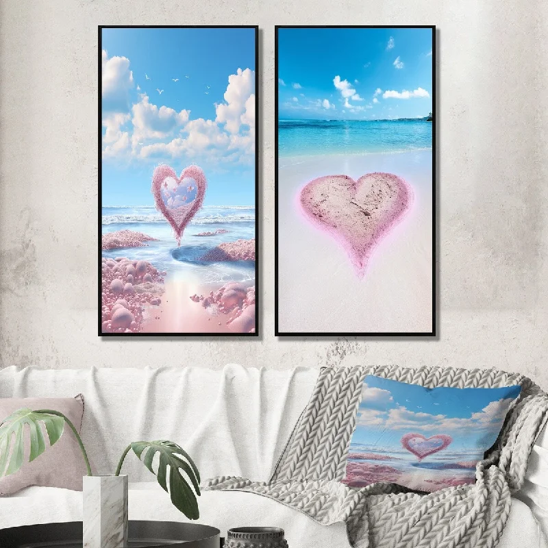 Designart "Glorious Pink Heart On Tropical Beach III" Beach Wall Art Décor - Coastal Gallery Wall Set For Home Decor