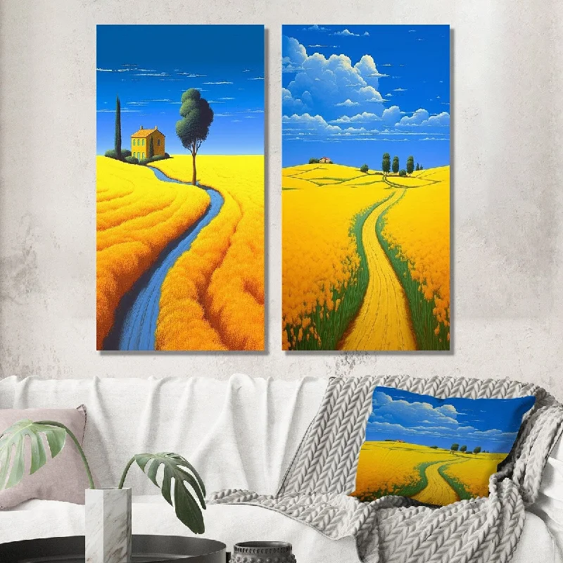 Designart "Golden Blossoming Fields Under A Deep Blue Sky I" Meadow Wall Art Set of 2 - Traditional For Office Decor