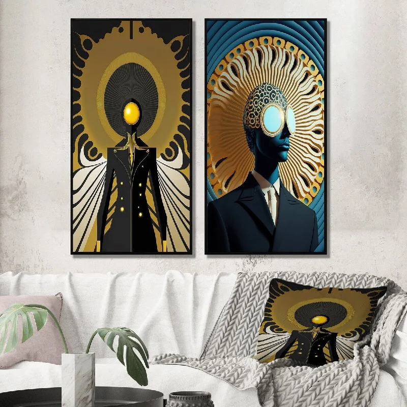 Designart "Golden Consciousness Man I" Modern Abstract Framed Wall Art Set Of 2 - Traditional Wall Art Set Of 2