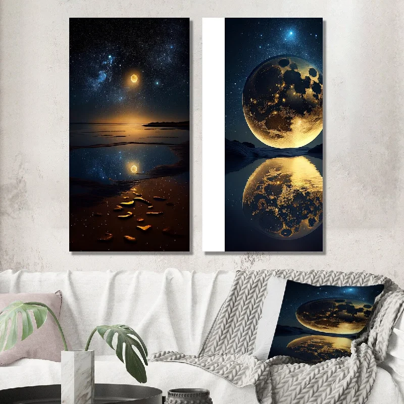 Designart "Golden Full Moon Beach Dream By Night Shore III" Beach Wall Art Set of 2 Coastal Gallery Set For Office Decor