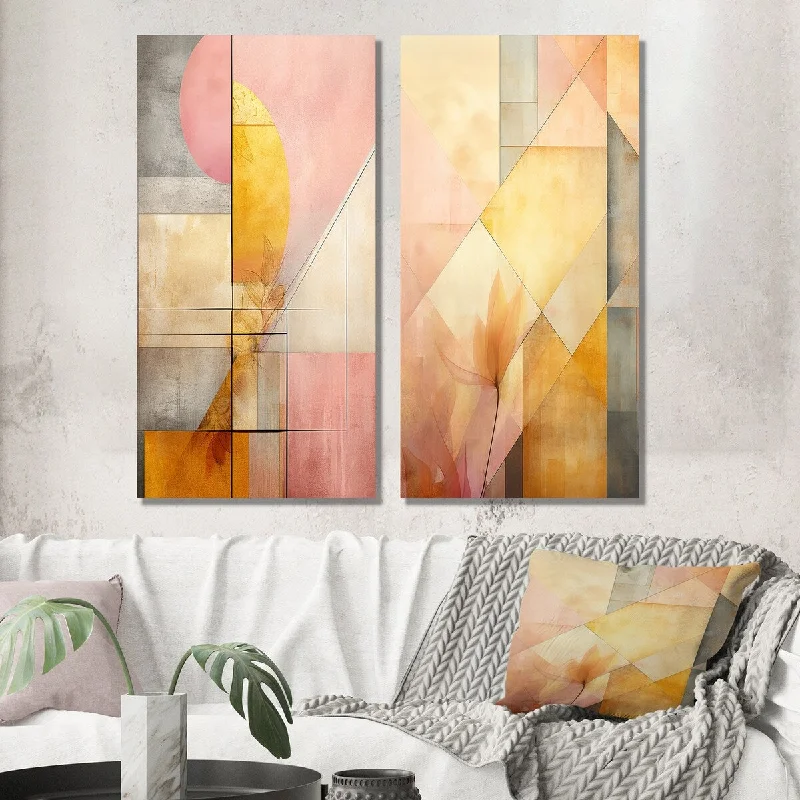 Designart "Golden Moon Dreams Retro Illustration IV" Modern Geometric Wall Art Set of 2 - Modern Wall Art For Bedroom