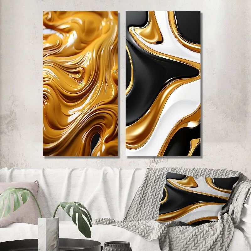 Designart "Golden Wave Ocean Of Abundance Liquid Gold" Abstract Wall Art Set of 2 - Transitional Wall Art For Home Decor