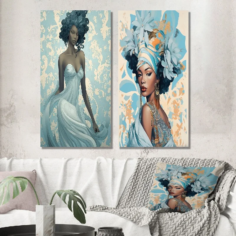 Designart "Gorgeous African American Retro Glam Beauty VII" Woman Wall Art Set of 2 - Glam Gallery Set For Office Decor