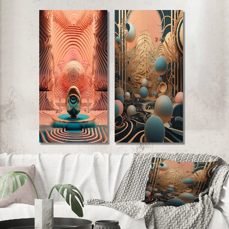 Designart "Graphic Bliss Retro Futuristic Architecture II" Abstract Wall Art Set of 2 - Modern Wall Art For Bedroom