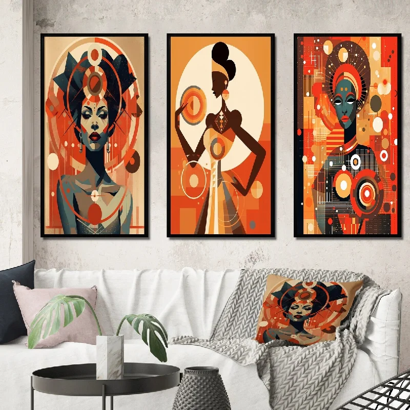 Designart "Graphic Retro African Goddess I" African American Woman Framed Wall Art Set Of 3 - Glam For Office Decor