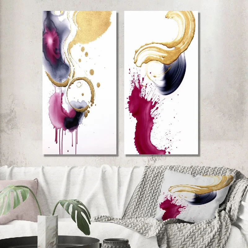 Designart "Intensity of Peace Magenta And Gold Series I" Abstract Wall Art Set of 2 - Modern Wall Art For Home Decor