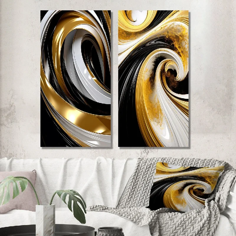 Designart "Liquid Gold Black White Abstract Minimal Swirl" Abstract Wall Art Set of 2 - Transitional Printed Wall Décor