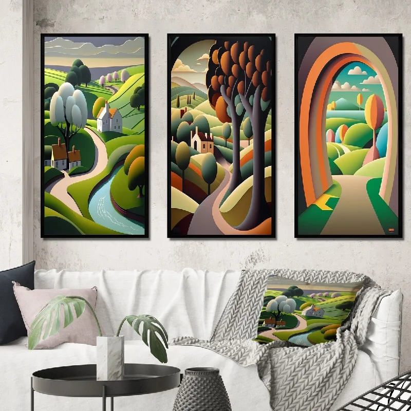 Designart "Little Spring River In Abstract Green Mountains" Abstract Landscape Frame Gallery Set Of 3 For Office Decor