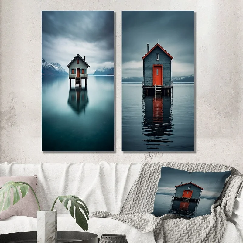 Designart "Little Wooden Lakehouse On A Misty Teal Lake Day" Lakehouse Wall Art Set of 2 Blue For Living Room Decor