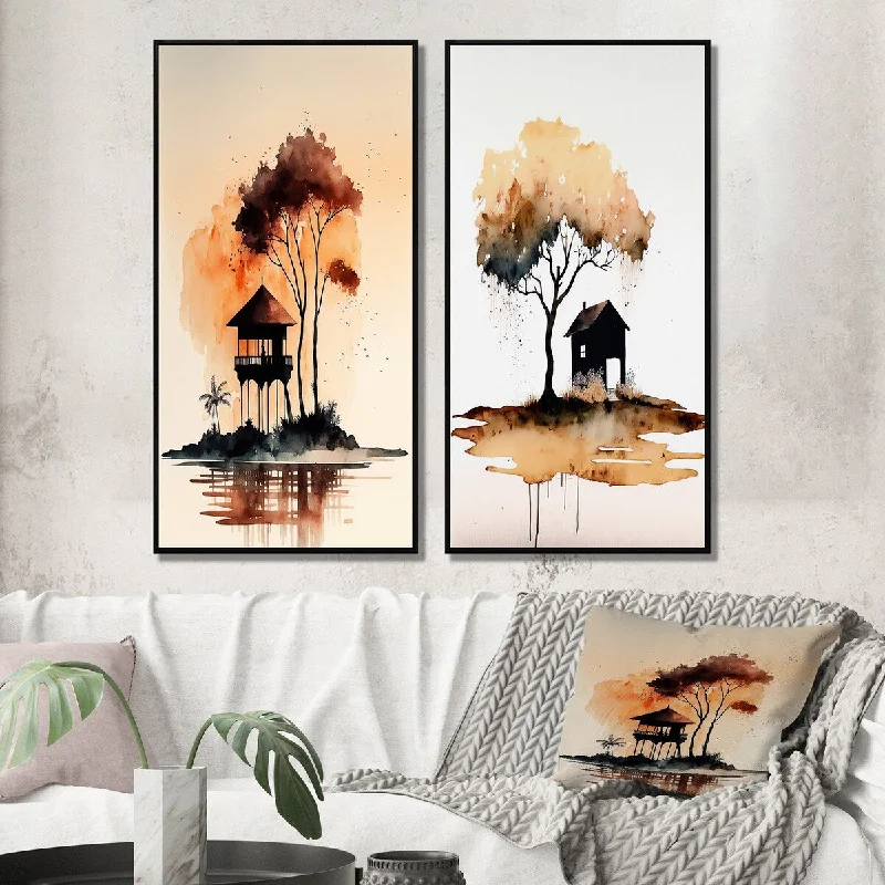 Designart "Lonely Autumn Watercolor Tree I" Landscape Forest Wall Art Décor - Country Wall Art Set Of 2