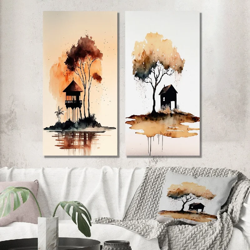 Designart "Lonely Autumn Watercolor Tree I" Landscape Forest Wall Art Set of 2 - Country Wall Art For Home Decor