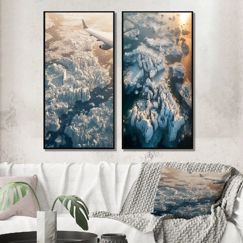 Designart "Magical Aerial View Showing Icebergs I" Glacier Framed Wall Art Set Of 2 Gallery Wall Set For Home Decor