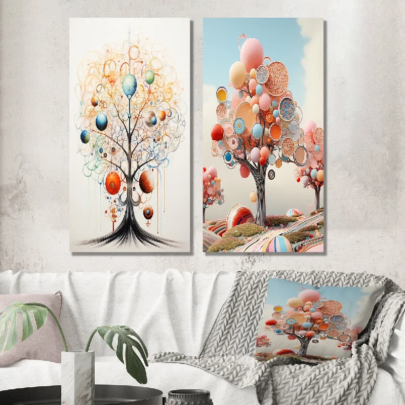 Designart "Minimal Atomic Tree Abstract Botanical" Landscape Trees Wall Art Set of 2 - Traditional Wall Art For Bedroom