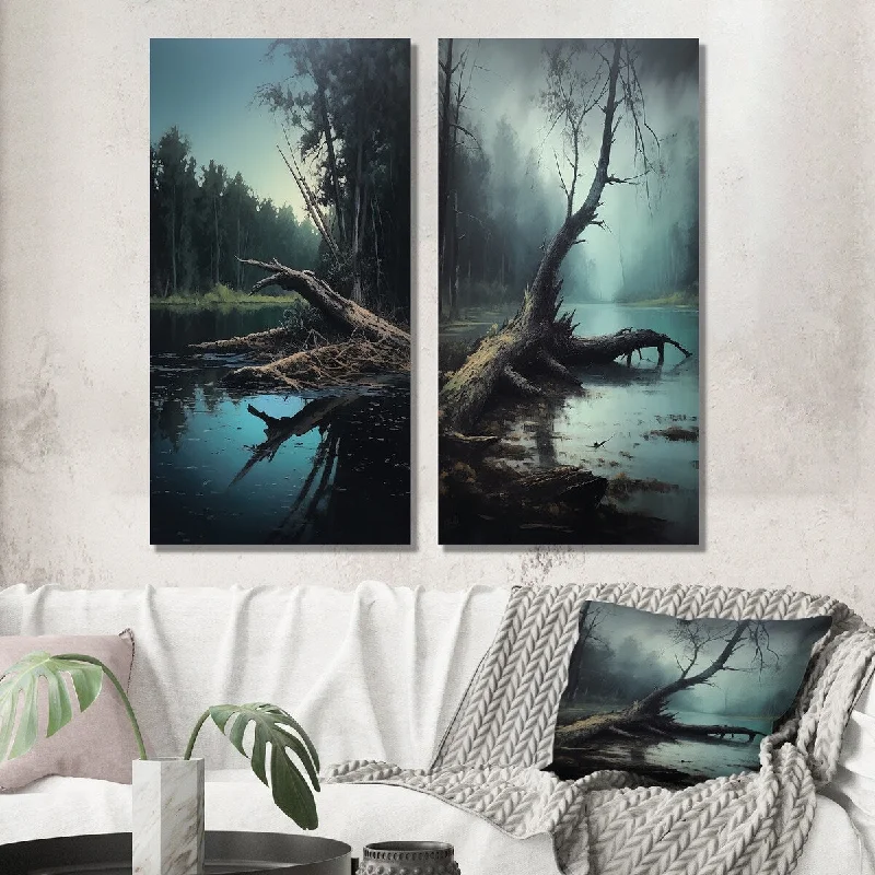 Designart "Mysterious Misty Morning At Lake Fallen Tree II" Lakehouse Set of 2 - Lake House Wall Art For Home Decor