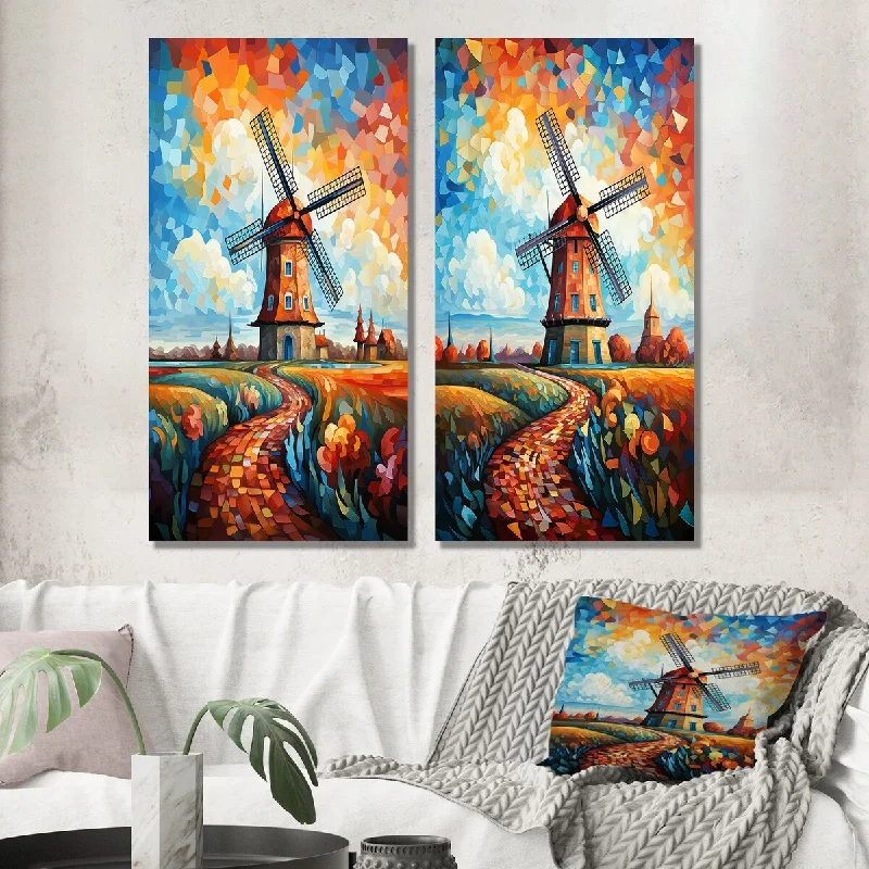 Designart "Neo-Fauvist Wind Mill In Colorful Countryside III" Wind Turbines Wall Set of 2 - Industrial Living Room Decor