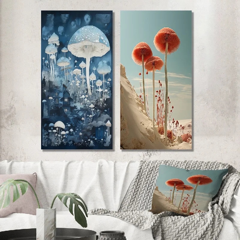 Designart "Otherworldy Giant White Mushrooms Vintage Blue" Mushroom Wall Art Set of 2 - Traditional Living Room Decor