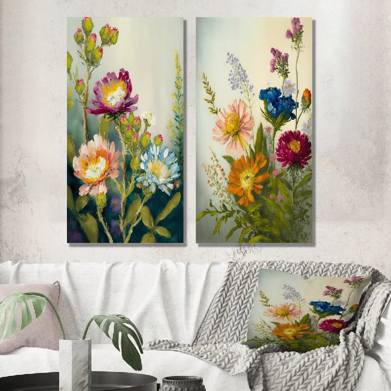 Designart "Painted Blossoming Wildflowers IV" Floral Bouquet Wall Art Set of 2 - Traditional Wall Art For Home Decor