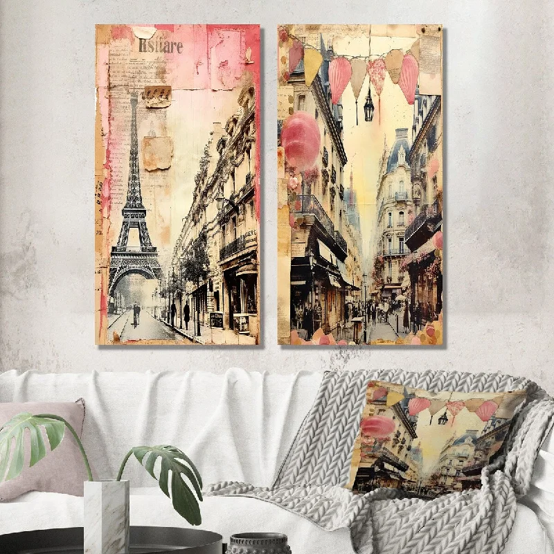 Designart "Paris Chronicles Vintage Collage III" City Paris Wall Art Set of 2 Traditional Wall Art For Living Room Decor