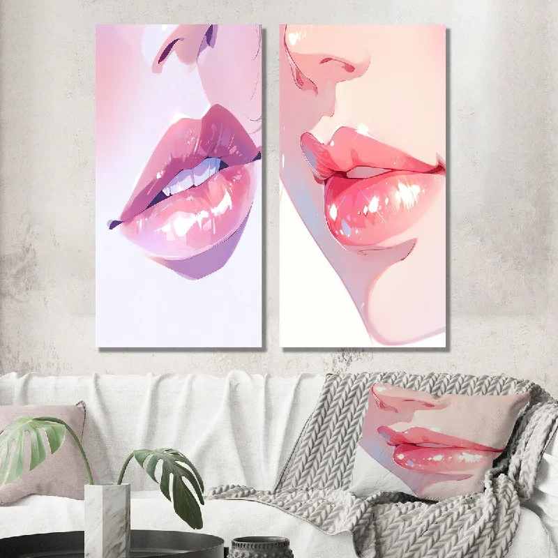 Designart "Pink Pastel Pout Lips I" Fashion Woman Wall Art Set of 2 - Glam Gallery Set For Office Decor