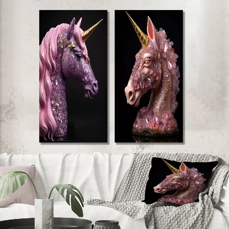 Designart "Portrait Of Pink Glam Unicorn With Gold Horn I" Fantasy Wall Art Set of 2 - Children's Art For Office Decor