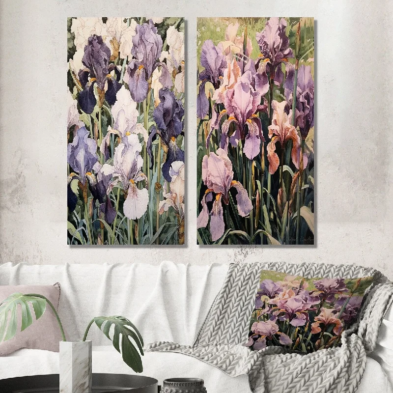 Designart "Purple Iris Blossoming In The Wild Meadows I" Wildflowers Wall Art Set of 2 - Traditional For Office Decor