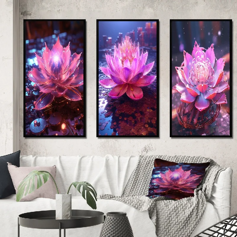 Designart "Radiant Pink Blossoming Lotus Luminescent II" Lotus Framed Wall Art Set Of 3 - Modern For Office Decor