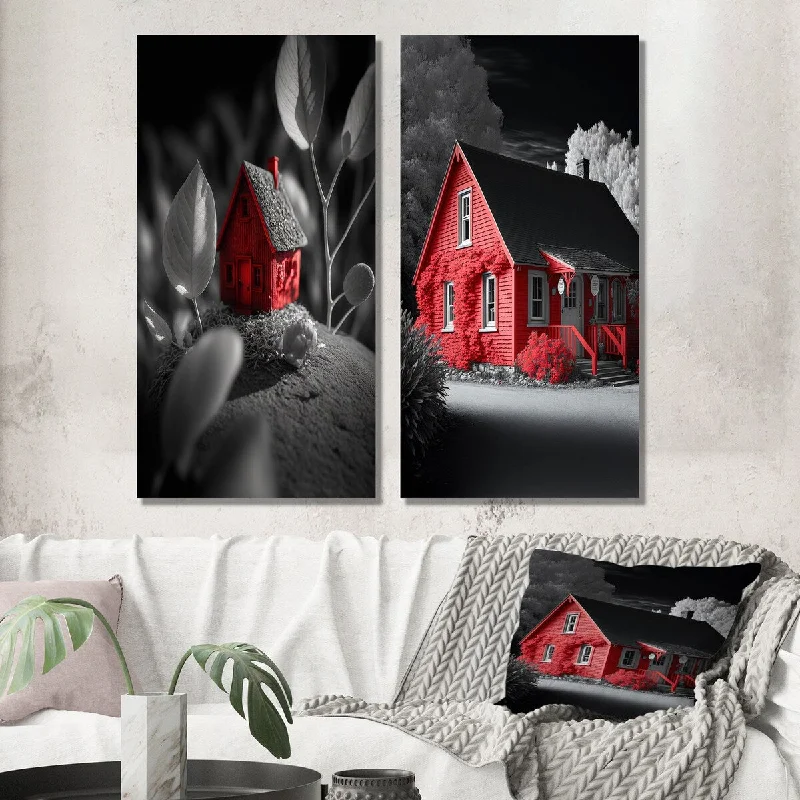 Designart "Red Cottage In The Countryside II" Lake House Cottage Wall Art Set of 2 - Traditional Printed Wall Décor