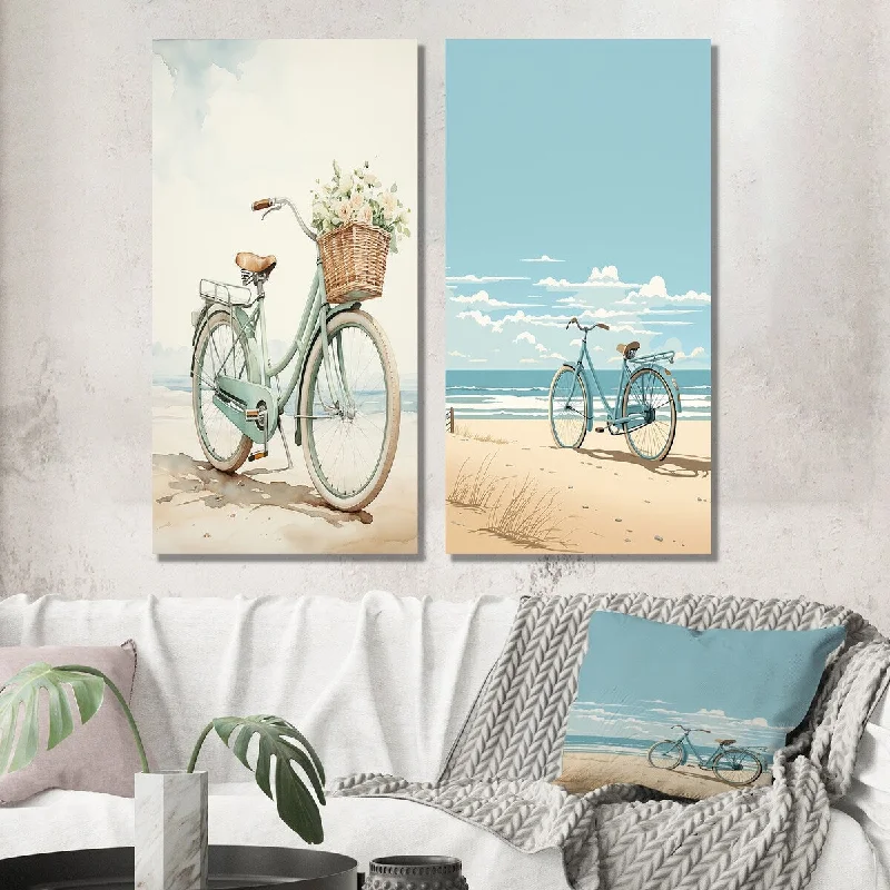 Designart "Retro Blue Bicycle With Basket On The Beach V" Beach Wall Art Set of 2 - Coastal For Living Room Decor