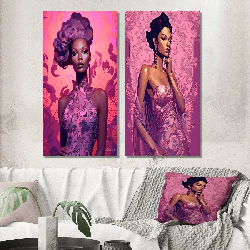 Designart "Retro Fashion Glam Model In Pink Magenta III" African Woman Wall Art Set of 2 - Glam Living Room Decor