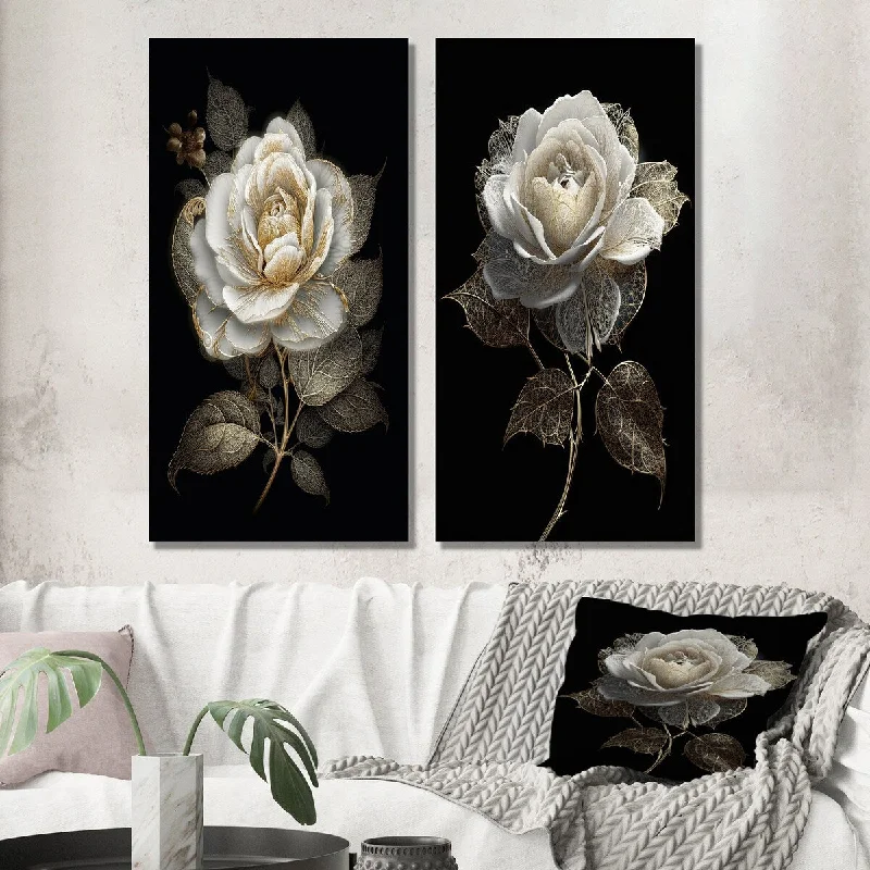 Designart "Retro White Rose Portrait On Black II" Rose Wall Art Set of 2 - Traditional Gallery Set For Office Decor