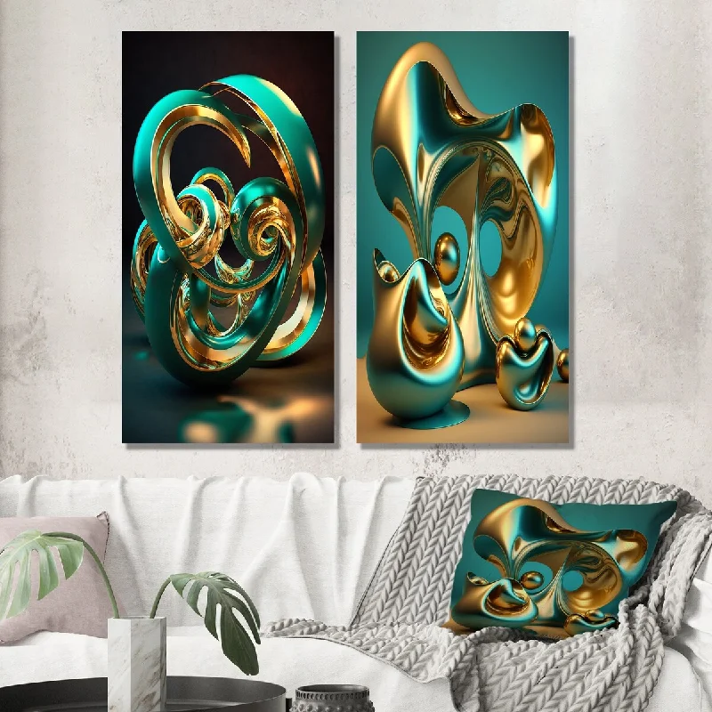 Designart "Rhythm Of Infinity 3D Turquoise Gold Sphere" Abstract Fractal Wall Art Set of 2 Modern Wall Art For Bedroom