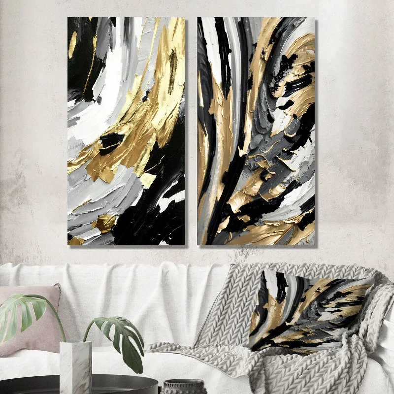 Designart "Rhythm Of Pleasure Abstract Black And Gold IV" Abstract Wall Art Set of 2 - Modern Wall Art For Bedroom