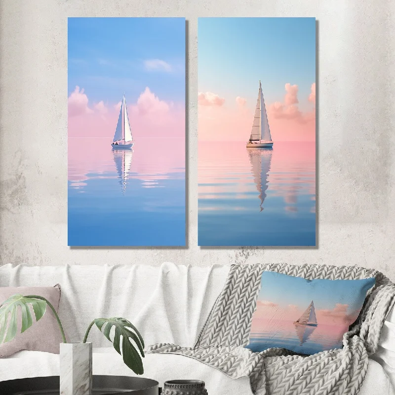 Designart "Solitary Sailboat Tranquility Pastel Sunset I" Boat Wall Art Set of 2 - Modern For Office Decor