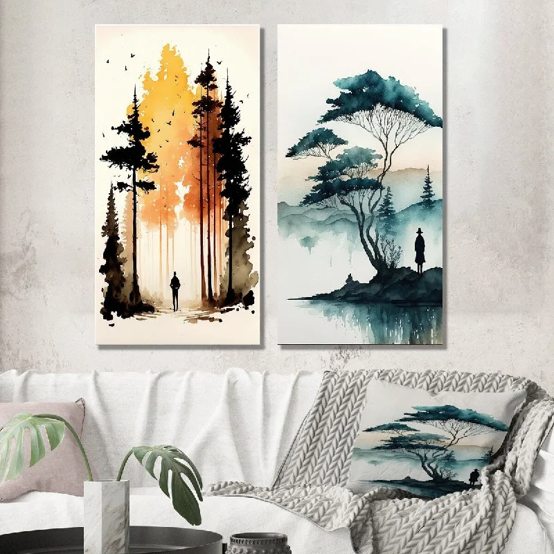 Designart "Solitude Watercolor Man In The Autumn Woods I" Landscape Wall Art Set of 2 - Country For Living Room Decor