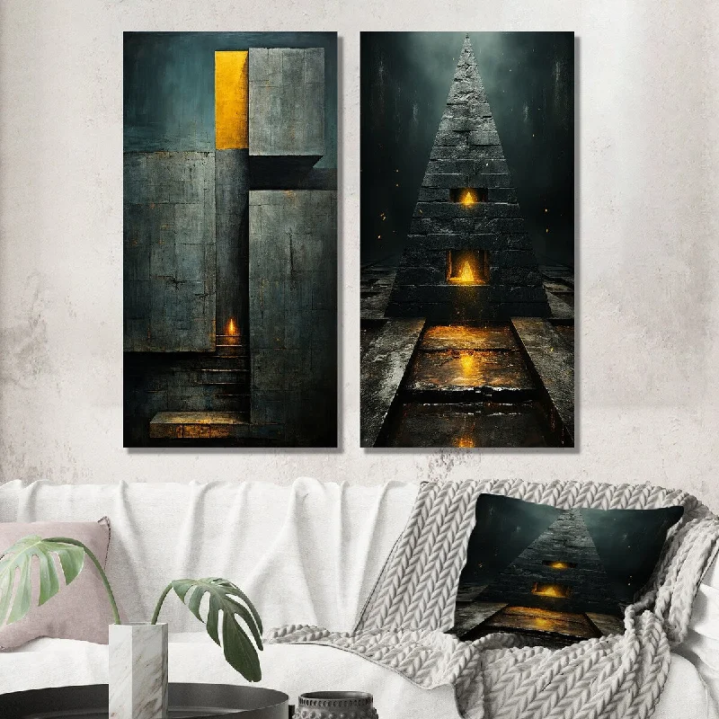 Designart "Stairway To Grace Minimal Orange On Indigo IV" Modern Geometric Wall Art Set of 2 - Modern Living Room Decor