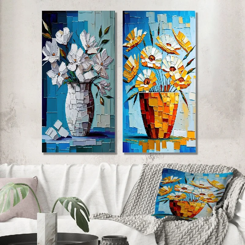 Designart "Still Life White Blossoming Flowers On Blue I" Floral Wall Art Set of 2 - Traditional Wall Art For Home Decor