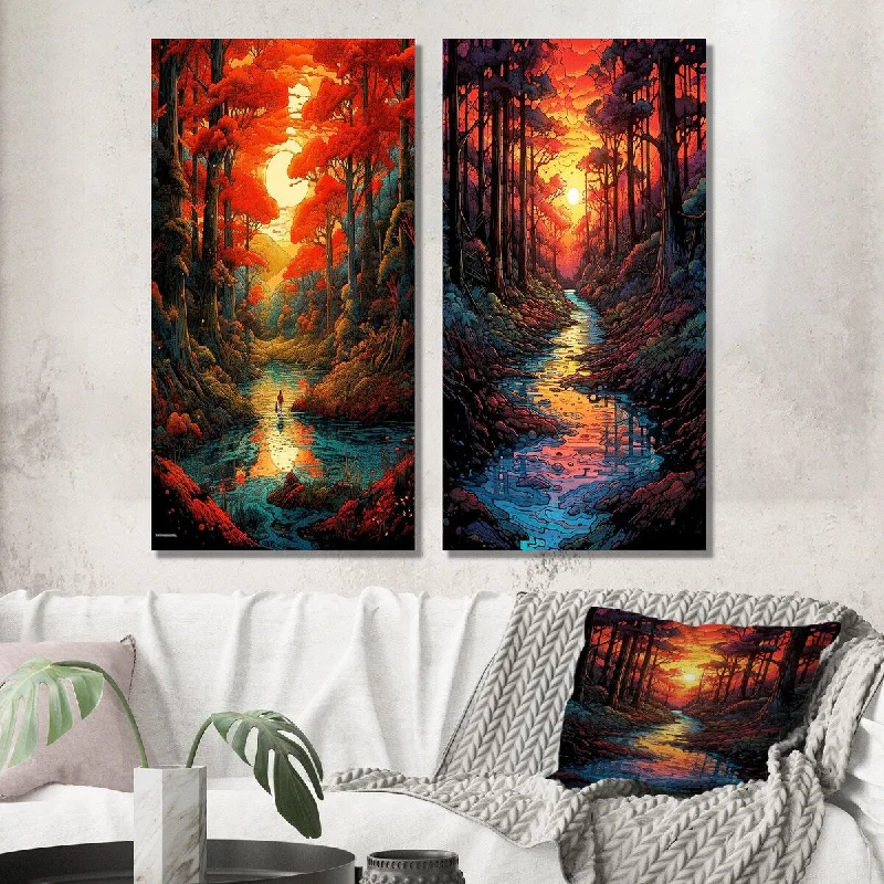 Designart "Stunning Sunset Through The Forest Trees River I" Lake House Wall Art Set of 2 Living Room Decor