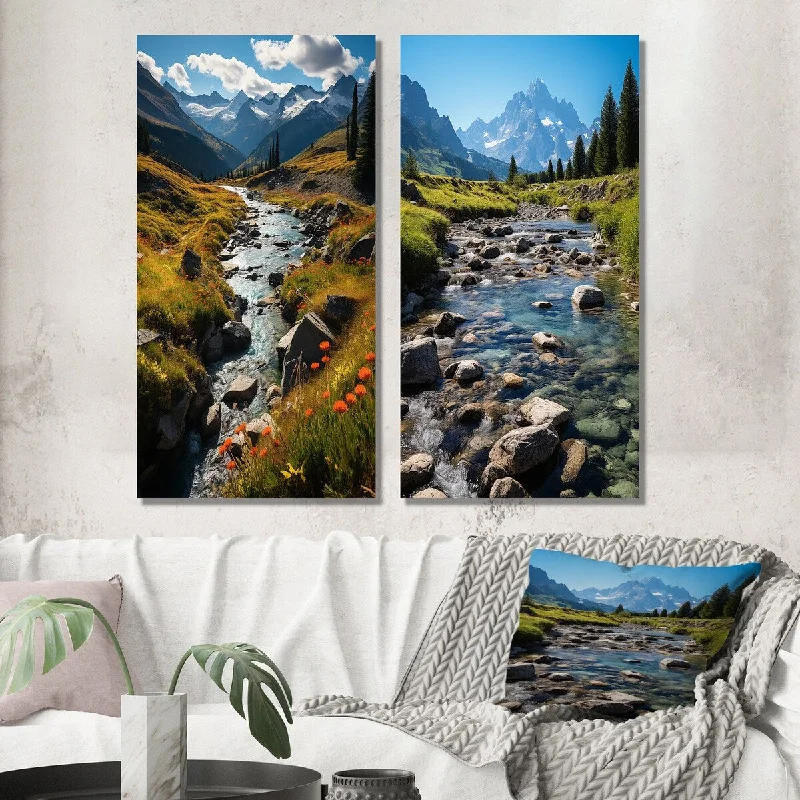 Designart "Sunny Day Mountain River Lakehouse Charm II" Lakes & Rivers Wall Set of 2 - Lake House Wall Art For Bedroom