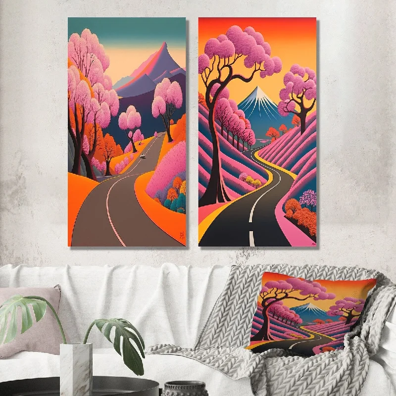 Designart "Swirling Road Joyful Pink Mountain Landscape I" Meadow Wall Art Set of 2 Traditional Wall Art For Home Decor