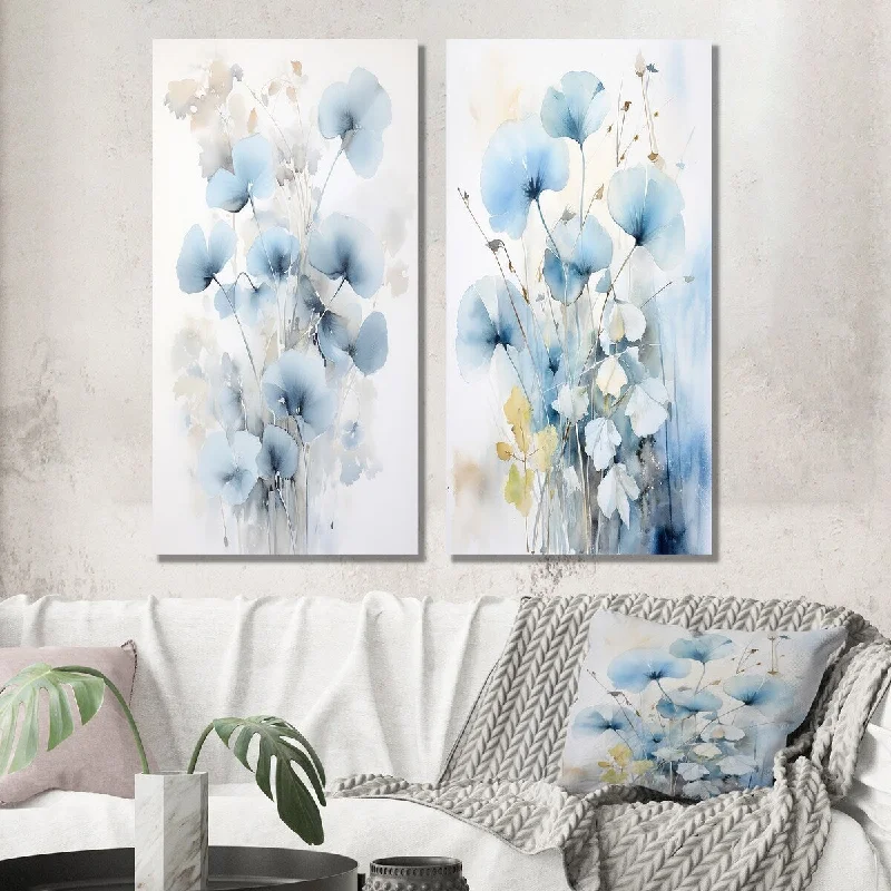 Designart "Tender Ginko Leaves in Shades Of Blue IV" Leaves Wall Art Set of 2 - Traditional Wall Art For Bedroom