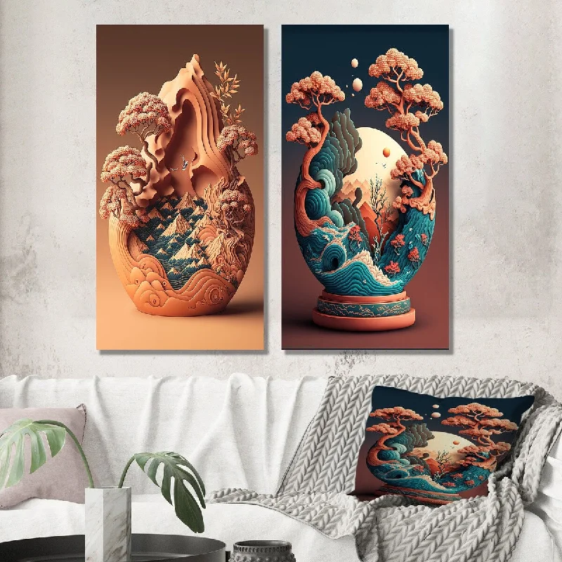 Designart "Terra Cotta Bonzai Mountains II" Landscape Wall Art Set of 2 - Traditional Wall Art For Living Room Decor