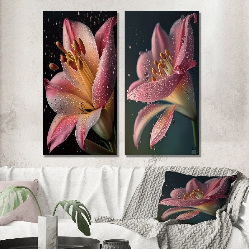 Designart "The Beauty Of Pink Lily Blossoming I" Lily Wall Art Set of 2 - Modern Wall Art For Home Decor