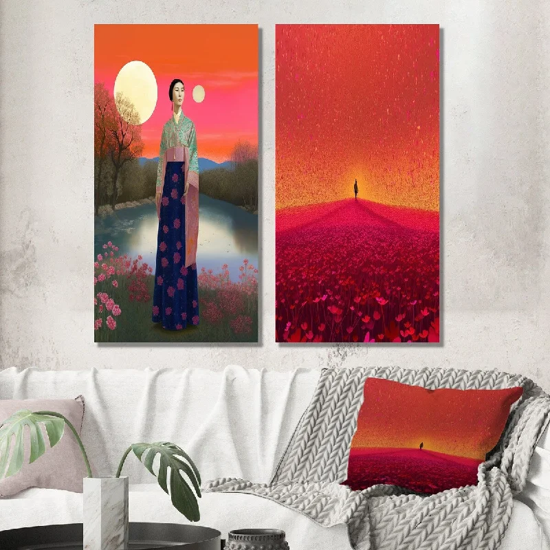 Designart "Traditional Japanese Woman Full Moon Retro Art" Asian Art Wall Art Set of 2 - Global Wall Art For Home Decor