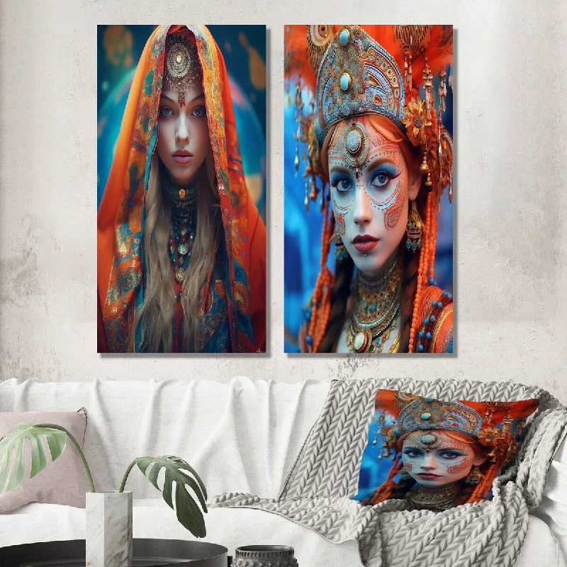 Designart "Vibrant Slavic Spiritual Festive Portraits IX" Boho Woman Wall Art Set of 2 - Glam Wall Art For Bedroom