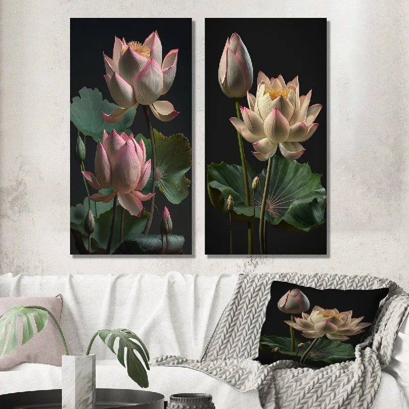 Designart "Vintage Beauty Blossoming White Lotus III" Lotus Wall Art Set of 2 - Modern For Living Room Decor