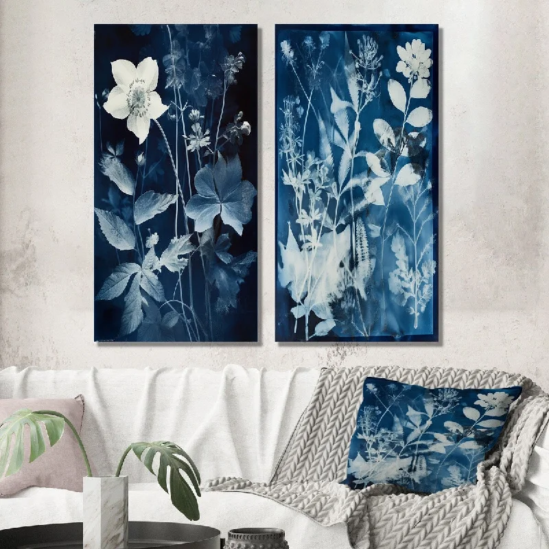 Designart "Vintage Botanical Autumn Leaves Faded Blue II" Abstract Wall Art Set of 2 Modern Gallery Set For Office Decor