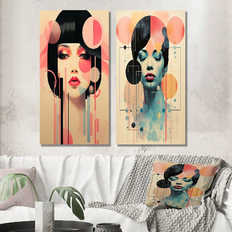 Designart "Vintage Portrait Of Graphic Timeless Beauty I" Woman Avant-Garde Wall Art Set of 2 - Glam Living Room Decor